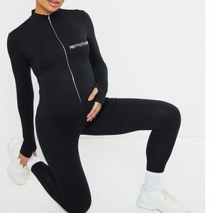 PRETTYLITTLETHING Maternity Black Embroidered Zip Front Cat Suit